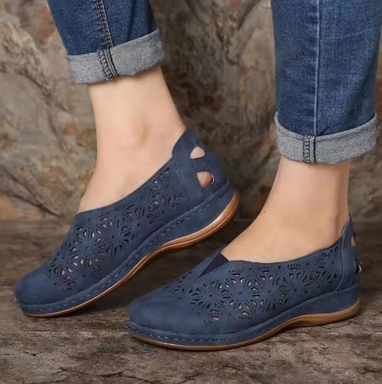 

New Woman PU Leather Female Hollow Wedges Platform Sandals Vintage Shoes Plus Size Women Summer Slip On Retro Moccasins Sandals