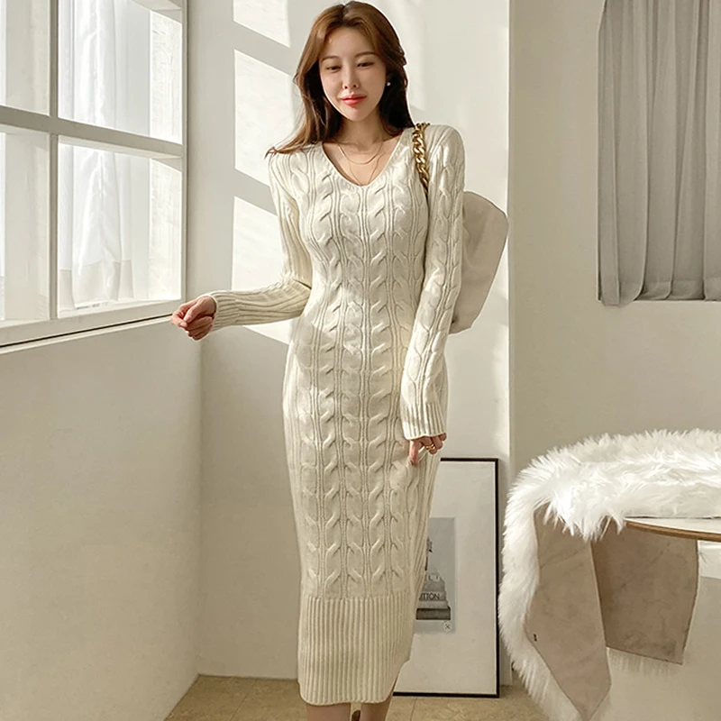 

Winter Sweater Vestidos Solid V-Neck Knitting Long Sleeved Slim Bodycon Maxi Long Casual Dress Woman