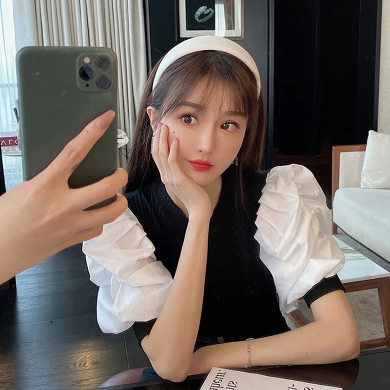 

Patchwork Knitted Blouses Summer Puff Short Sleeve Pullover Tops Female All-match Korean Design Slim Fit Short Shirt Fashion