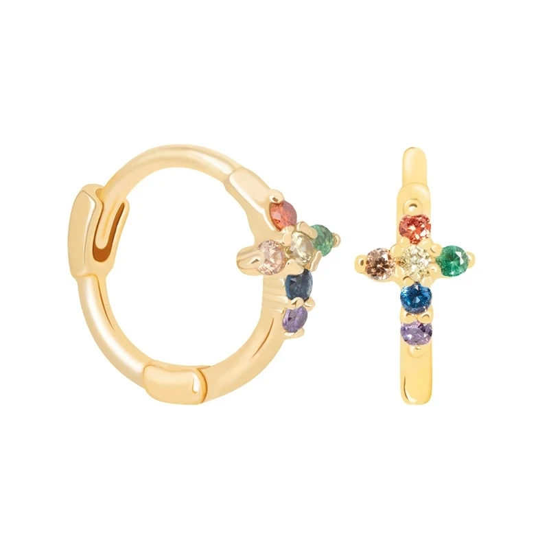 Gold Cross Moonmory Популярные 925 пробы серебряные серьги-кольца Huggie с радужными камнями CZ серьги для европейских женщин модные ювелирные изделия - Окраска металла: Gold Cross
