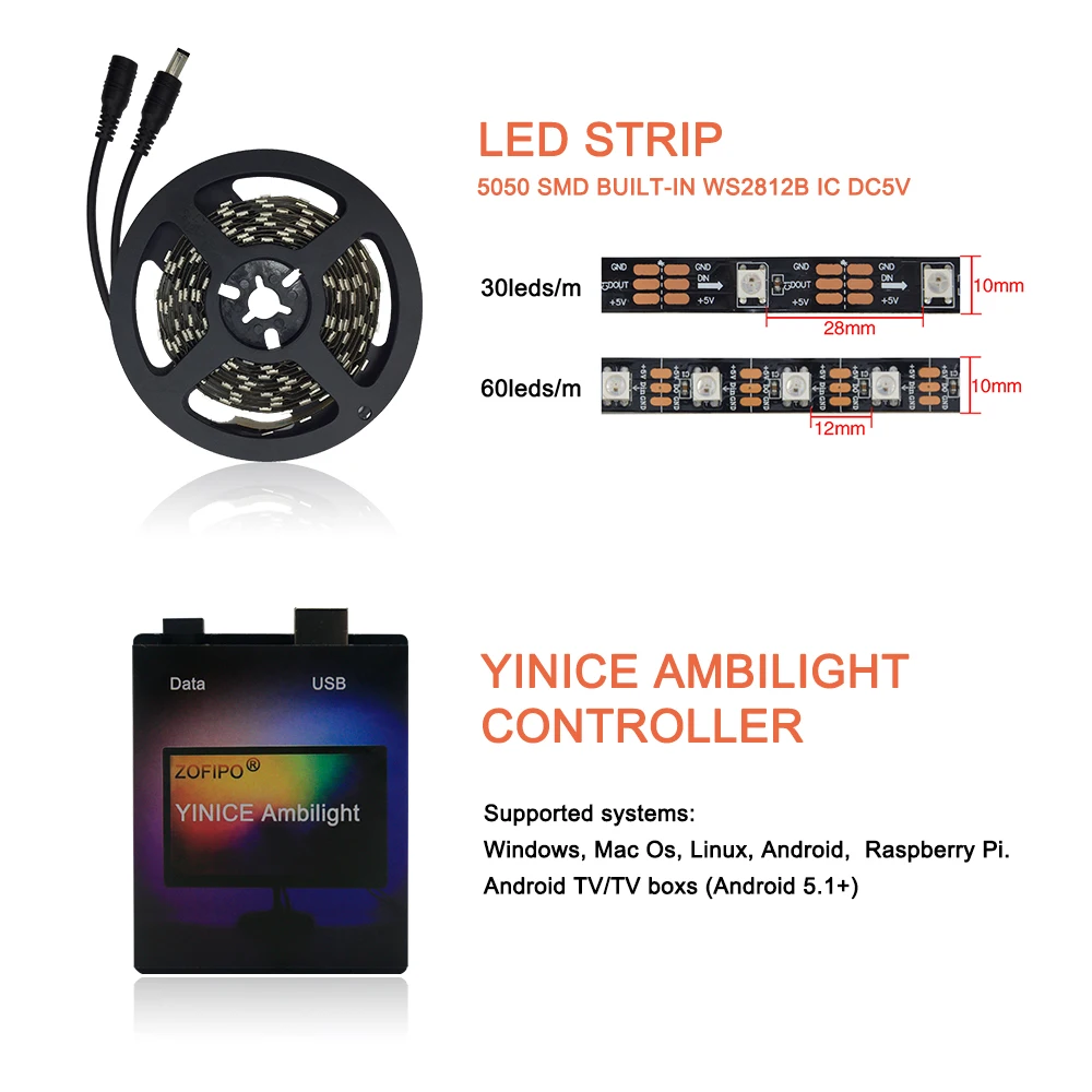 DIY Ambilight HD tv, настольный ПК, экран мечты, USB Светодиодная лента, набор HD ТВ, компьютерный монитор, подсветка WS2812B, Светодиодная лента, 1 м, 2 м, 3M, 4M, 5 м