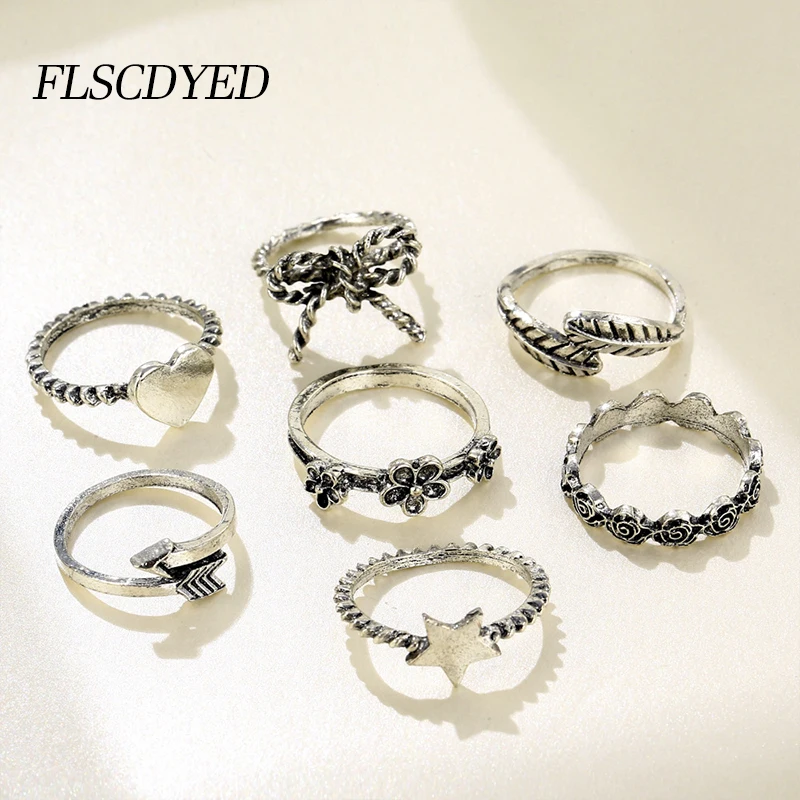 

FLSCDYED 7Pcs Retro Metal Rings Set for Women Chain Shape Geometric Gold Silver Party Female Jewelry 2022 New Jewelry Wholesale