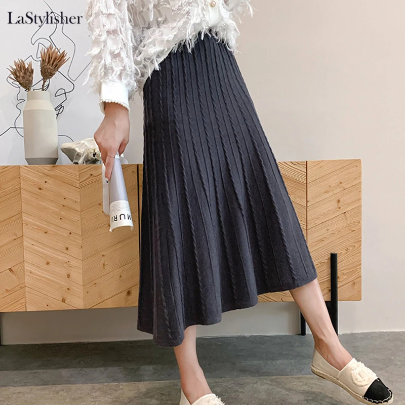 Женская трикотажная юбка миди с высокой талией и плиссировкой|Женские юбки| |