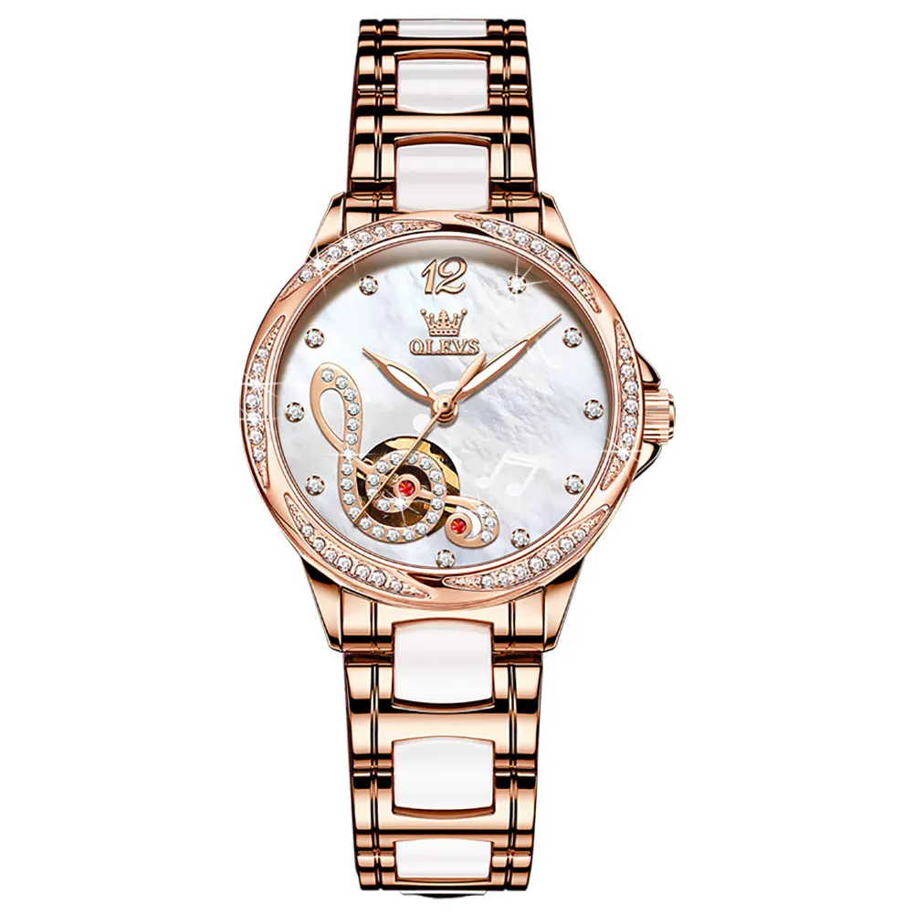 

Fashion Design Women Automatic Mechanical Watches Luxury Brand Musical Note Diamond Hollow Ladies Watch Casual Female Wristwatch