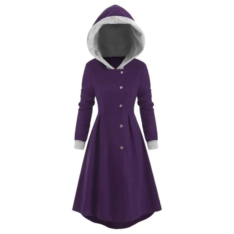 Purple Женское пальто размера плюс с длинным рукавом Длинная шерстяная с капюшоном воротник пуговицы в один ряд пальто юбка плащ пальто Зимняя теплая верхняя одежда 5 - Цвет: Purple