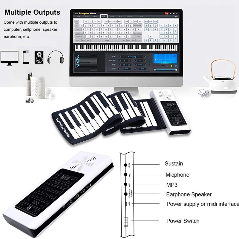 SEWS-Electric Roll Up Piano Portable Foldable 61 Keys Electronic Music Keyboard Battery or USB Powered with Louder Speaker | Спорт и
