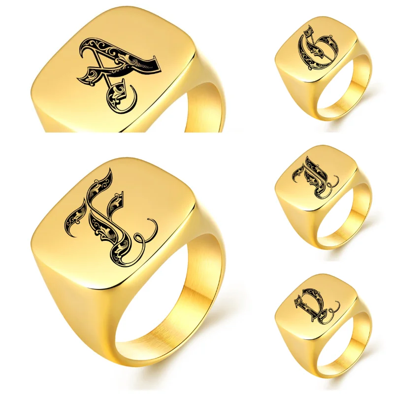 

Fashion Initials capital Men Women's finger ring Stamps Official Seal Stainless steel Gold band Hoop Custom rings Jewelry Gifts