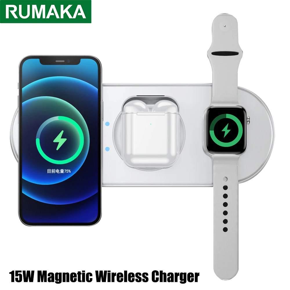

15W 3in1 Magnetic Wireless Fast Charger for IPhone 12 11 Pro Max Mini Qi 3.0 Wireless Charging for AirPods Pro for Apple Watch