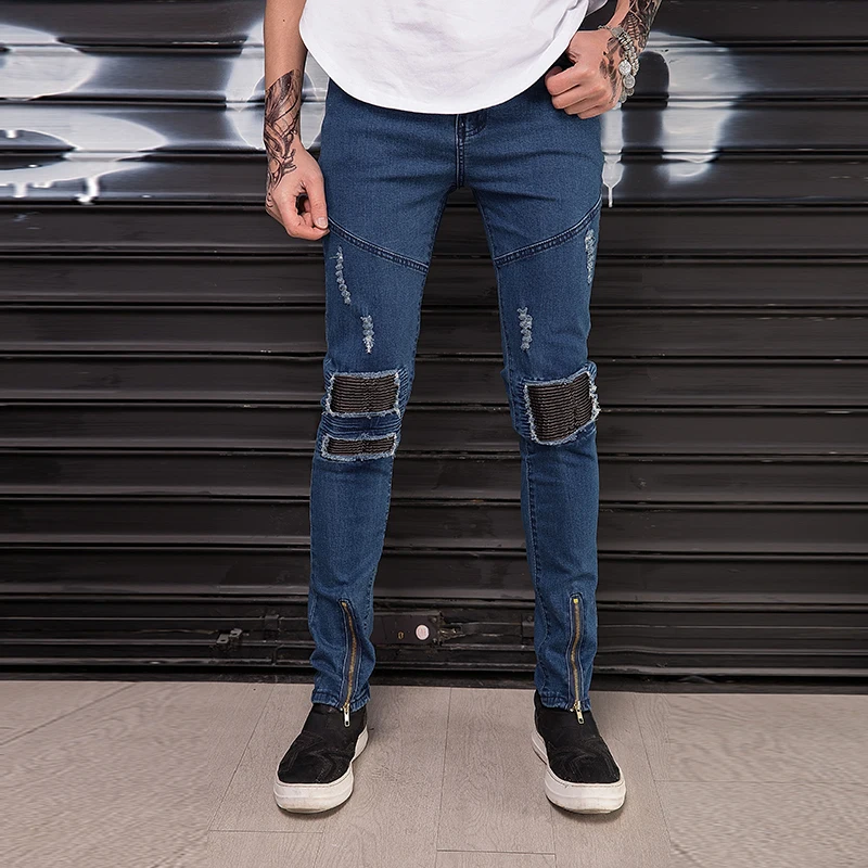 Байкерские джинсы стретч для мужчин хип-хоп брендовая одежда обтягивающие