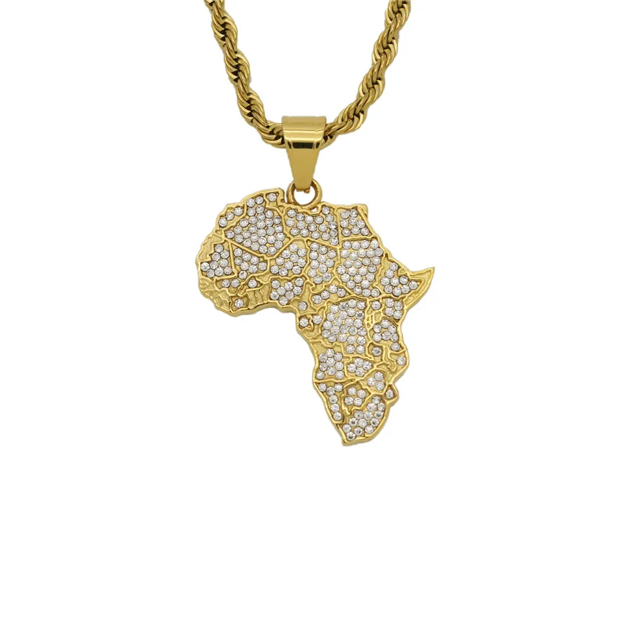 

Gold Color Iced Out Chain Cubic Zircon African Map Pendant Necklace Men Women Gift Hip Hop Bling Stainless Steel Party Jewelry