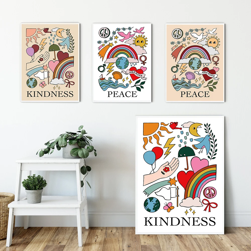 

Boho Wall Art Prints Kindness Peace Canvas Poster Cartoon Kids Room Decor Paintings Frameless Pictures for Interior