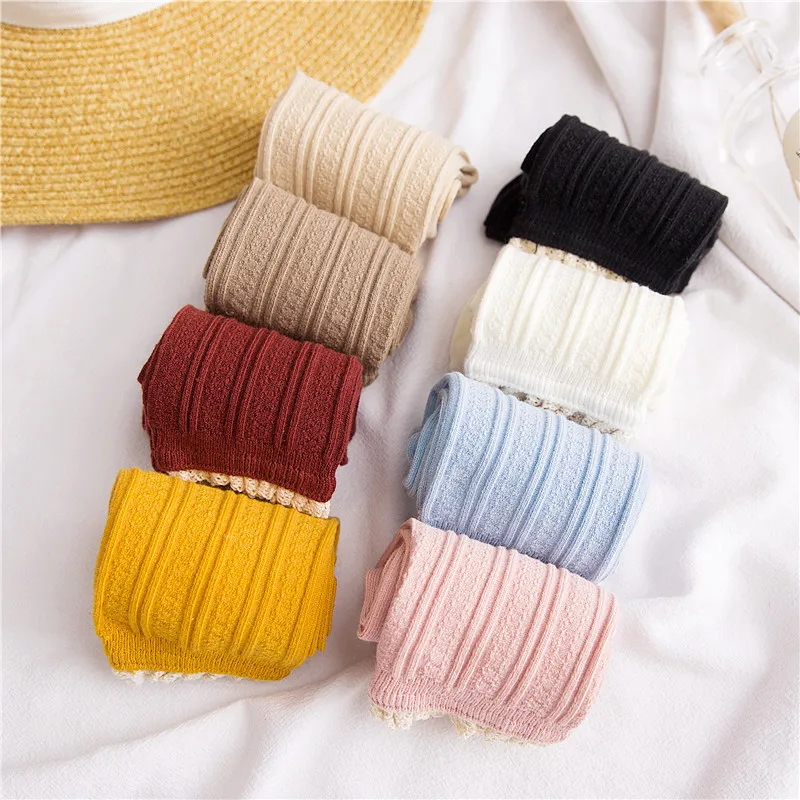 Осенние кружевные вязаные носки хлопковые однотонные мягкие женские с оборками