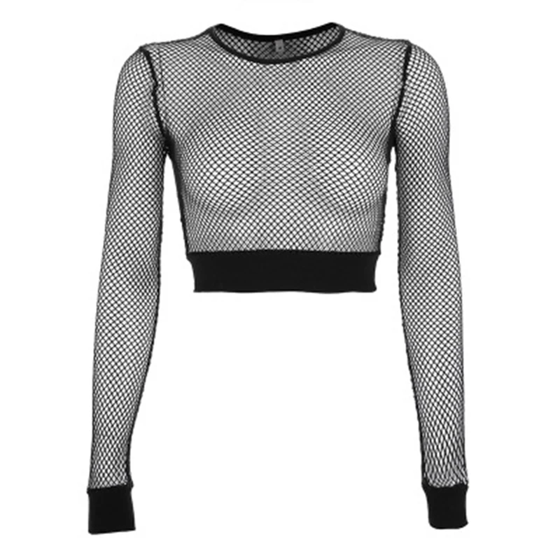 

2021 Spring New Women's Sexy Y2k Umbilical Exposed Perspective Grid Round Neck Long-sleeved T-shirt Women's Short Top Ladies