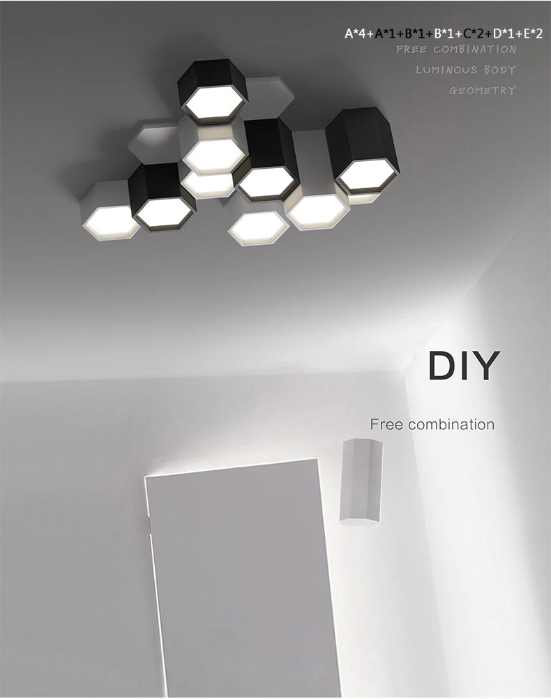 Современный минималистичный DIY комбинированный шестигранный дизайнерский потолочный светильник матовый Железный светодиодный светильник для гостиной акриловый декоративный светильник