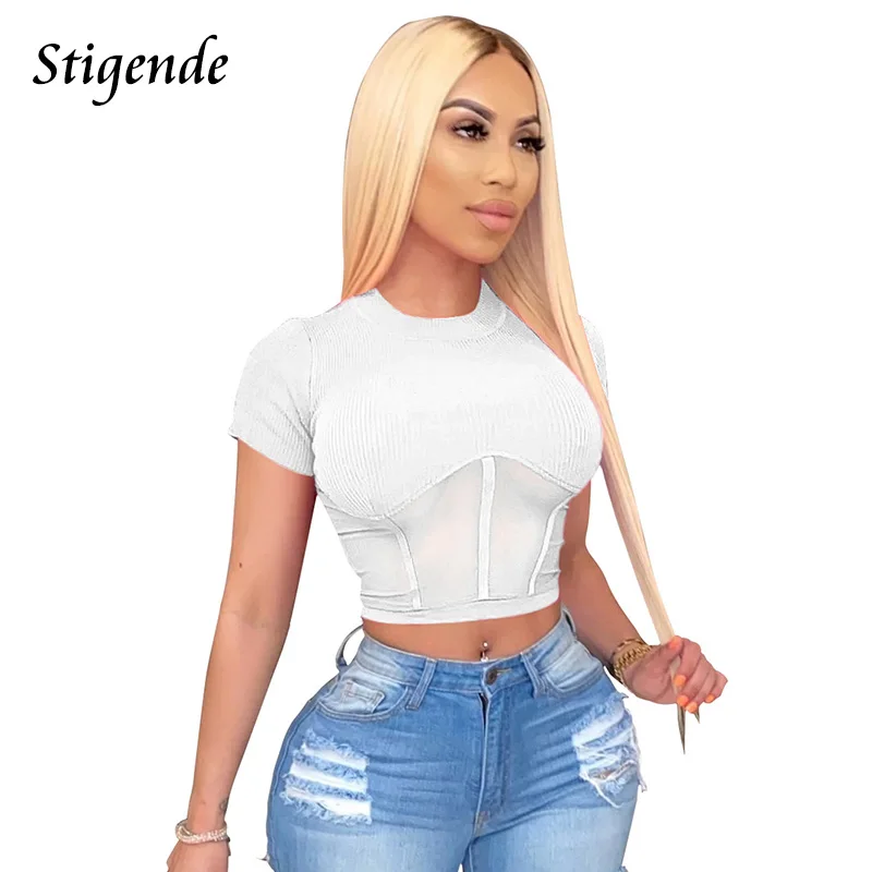 Женская футболка в рубчик с круглым вырезом и коротким рукавом | одежда