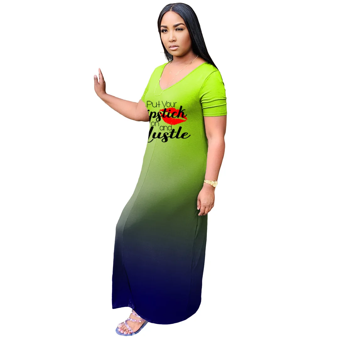 

Women Gradient Print Short Sleeve Slim Maxi Dress for Fashion Streetwear Ankle-Length Long Dresses Summer