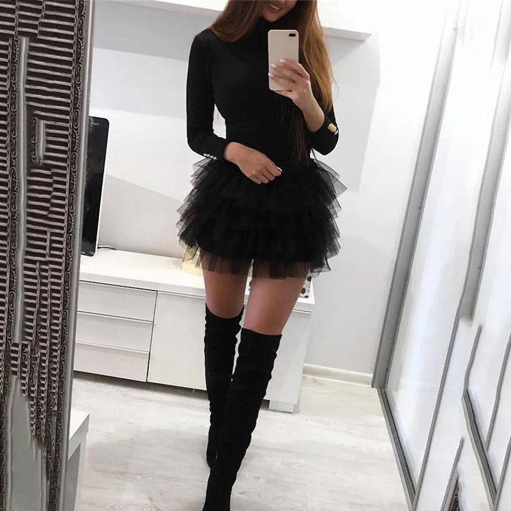 Женское однотонное черное Сетчатое мини-платье на пуговицах с вставками и