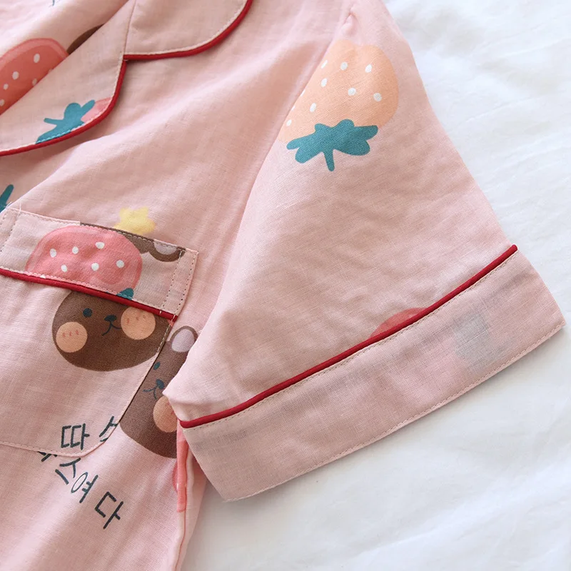 

2021 new spring and summer pajamas two-piece 100% cotton gauze women's short-sleeved trousers home service suit cute and thin