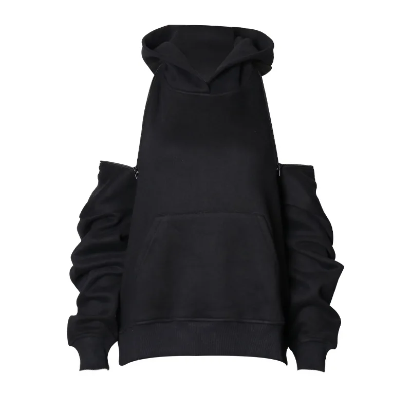 

Sexy Off Shoulder 2021 Spring Solid Pullover Zipper Hooded All-match Casual Loose Sweatshirts Korean Fashion Hoodies 13A138