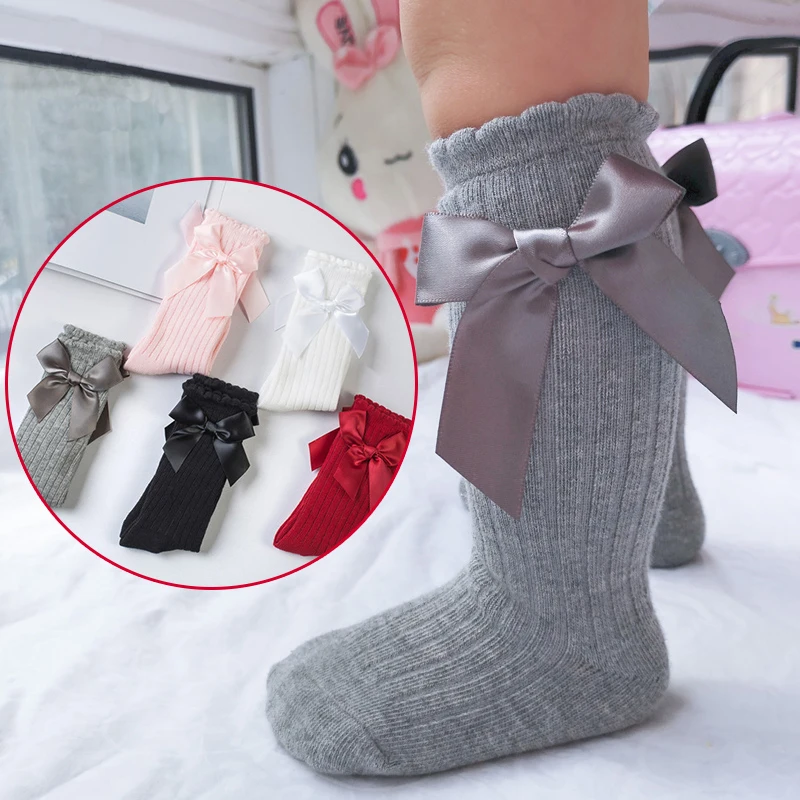 Детские носки детские длинные хлопковые нескользящие кружевные с большим бантом