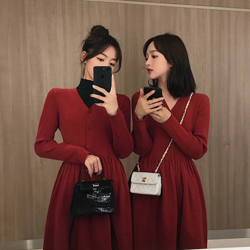 Трикотажное платье-свитер Хлопковый пуловер с высоким воротом и длинным рукавом