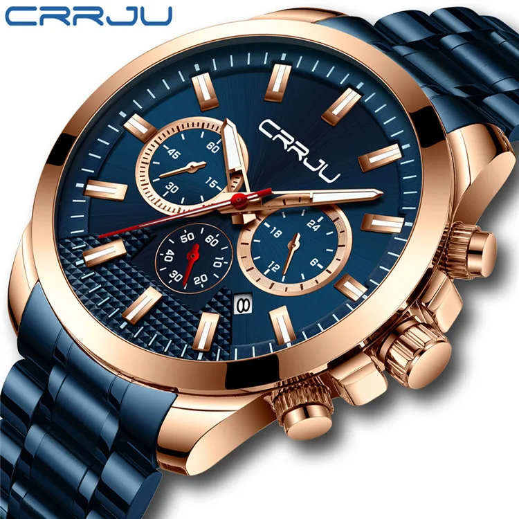 

CRRJU 2286 New Luxury Men's Steel Band Casual Quartz Watch Fashion Business Multi-Function Six-Pin Chronograph Wristwatches