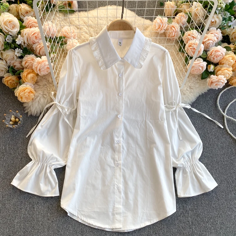 

2021 Autumn Elegant Korean Chic 2pcs Blouse Sets Tide Puff Sleeve White Harajuku Button Up Shirt Blouse Denim Sing Vest Women
