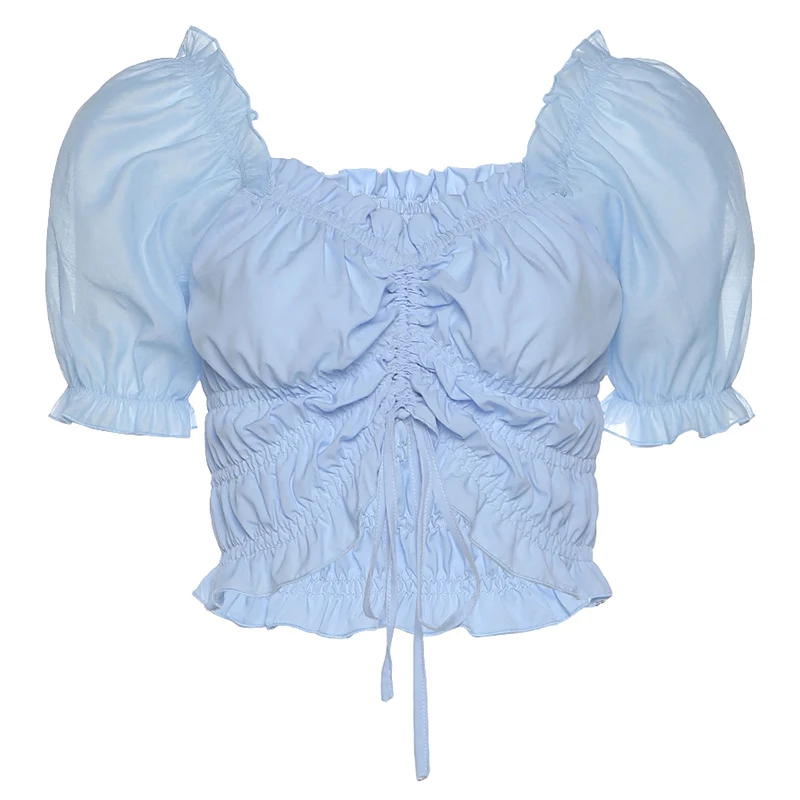 

kywommnz Women French Sexy T-shirt Fresh Mint Blue Puff Sleeve Navel Bare Short TShirt Streetwear Thin Top Female E1801