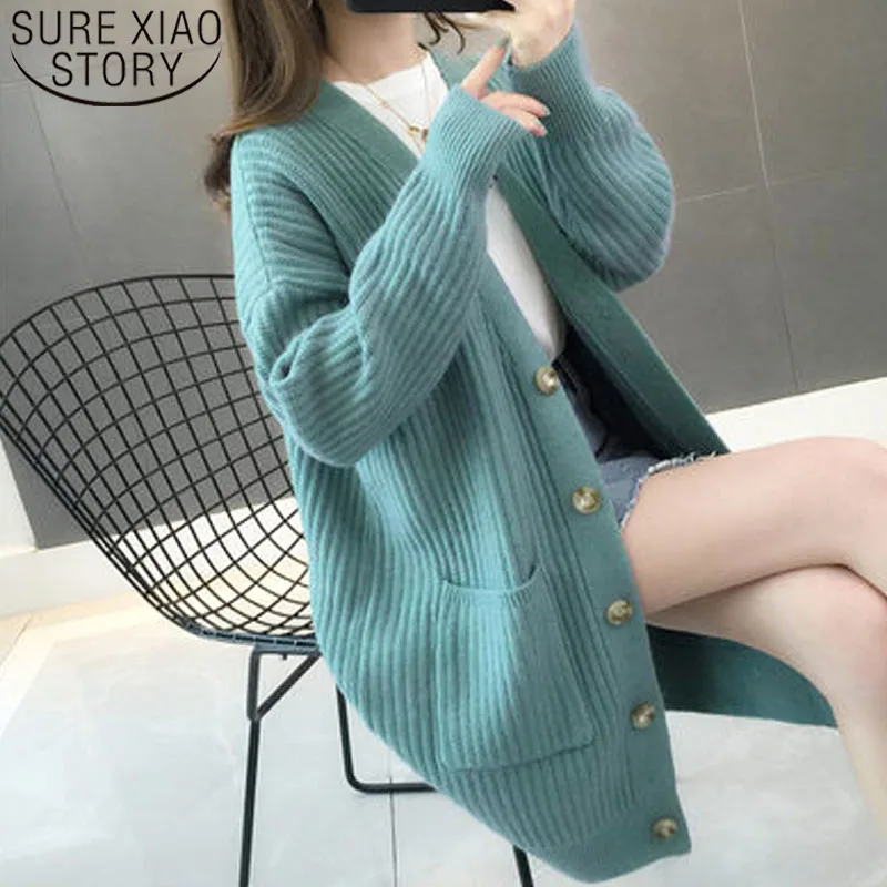 Autumn/winter Fashion Women Cardigans Long Sleeve Button Sweater Women Casual Solid Long Women Cardigan 5784 50 - Цвет: Зеленый
