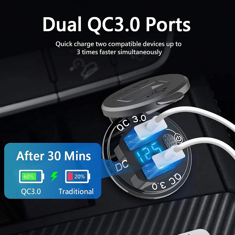36 Вт двойное зарядное устройство USB 12 В розетка QC 3 0 светодиодный дисплей