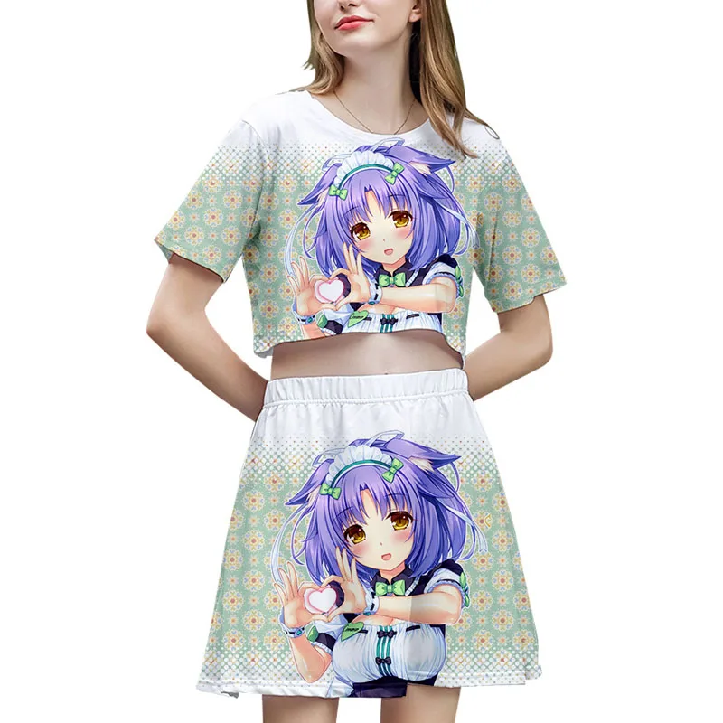 

Nekopara Cosplay Dress Chocolat and Vanilla Costume Women's 3D Digital Printed Sexy Navel Short sleeve + Short Skirt Suit Adult