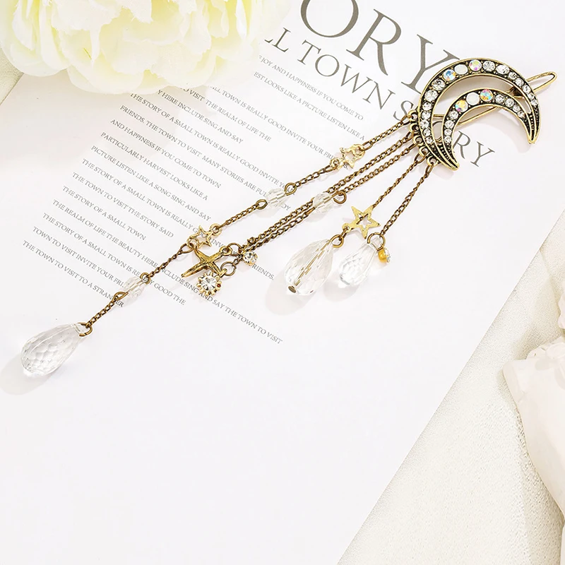 

Fashion Elegant Women Lady Moon Rhinestone Crystal Tassel Long Chain Beads Dangle Hairpin Hair Clip Hair Accessories Jewelry