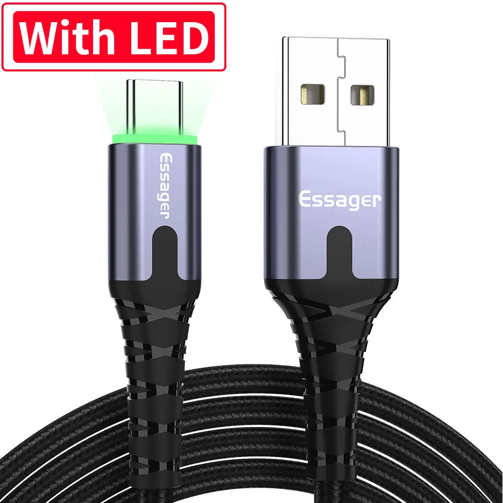 With LED Dark Grey Essager 3A usb type C светодиодный кабель для samsung S9 S8 One plus 6t Xiaomi huawei, кабель для быстрой зарядки, USB C type-c, шнур для зарядки и передачи данных - Цвет: With LED Dark Grey