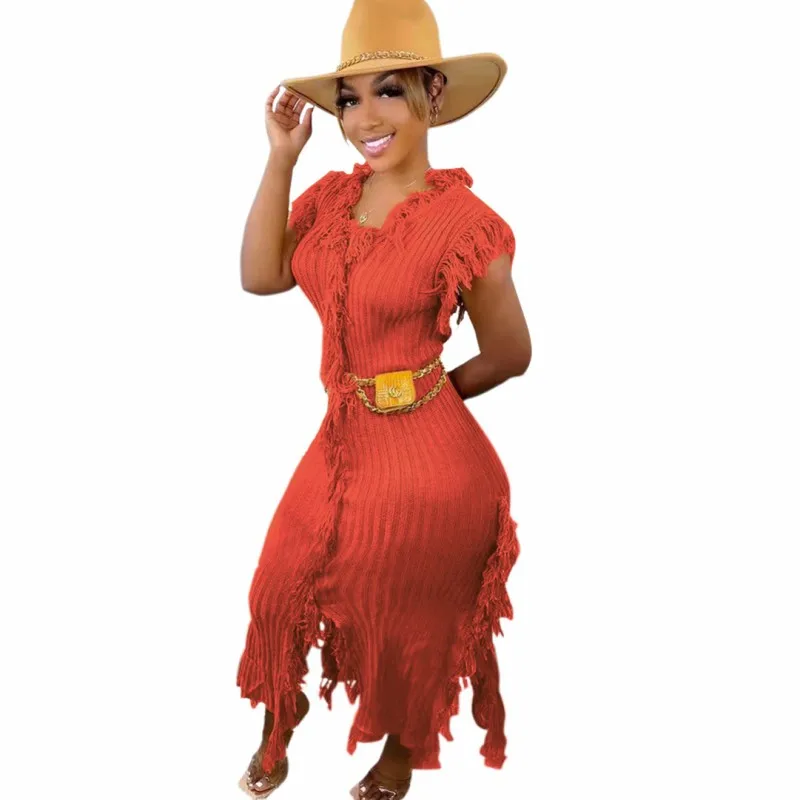 

Женское трикотажное длинное платье с кисточками, v-образным вырезом, без рукавов, весна-осень, новинка, однотонное, Ребристое, уличная одежда...