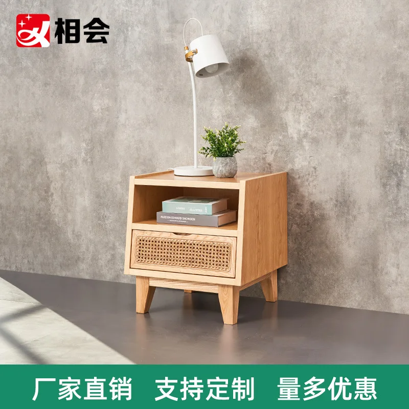 

Прикроватный столик из твердой древесины, простой современный ротанговый скандинавский ins маленький шкаф для хранения, шкаф для спальни ши...