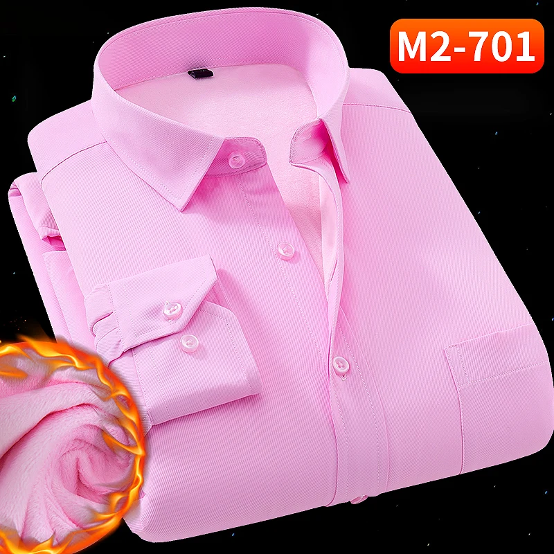 Pink Теплые зимние мужские рубашки,, плюс бархатная рубашка, мужская деловая рубашка, Корейская тонкая Однотонная рубашка, большой размер 8XL 7XL 6XL - Цвет: Pink
