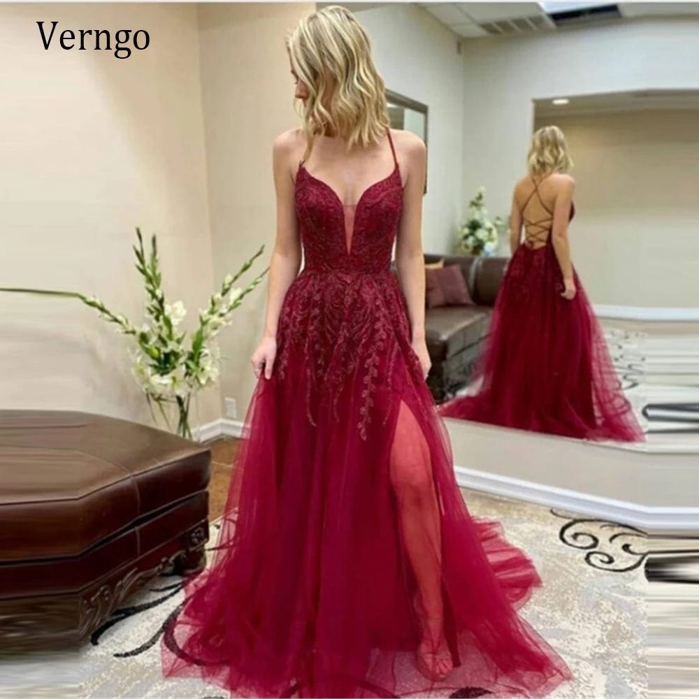 

Verngo Burgundy Tulle Lace Applique Long Prom Dresses Sexy Halter Side Slit Foor Length Evening Gowns Women Party Dress