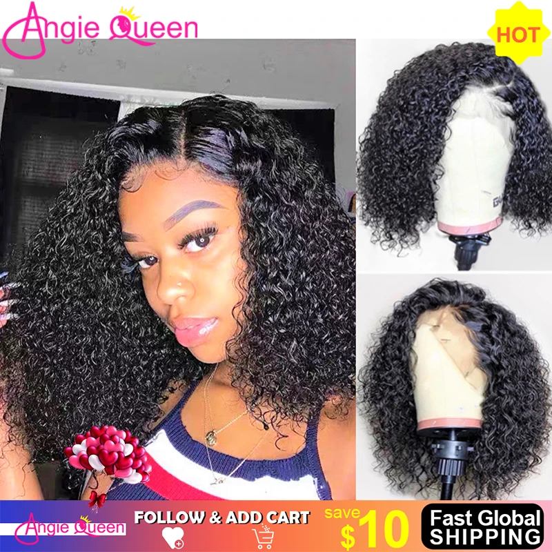 ANGIE QUEEN Curly Bob Human Hair Lace Frontal Wig Natural Color 4x4 Lace Closure Bob Wig 180 Density Brazilian Remy Hair Wig