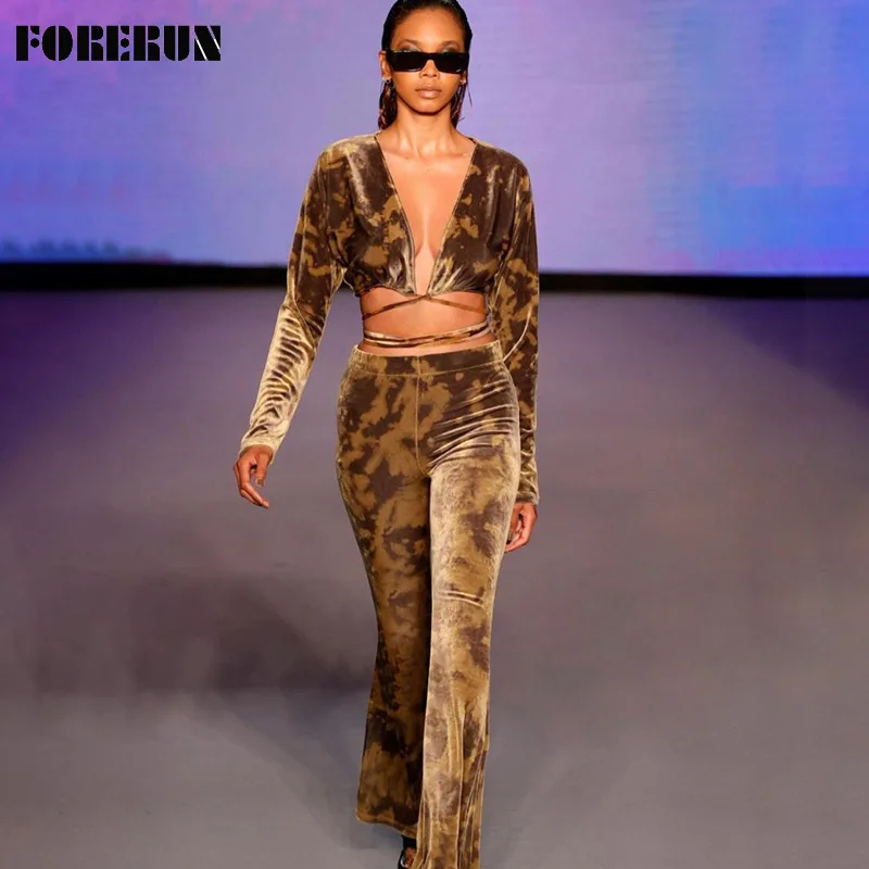 

Женский Бархатный спортивный костюм FORERUN, укороченный топ с глубоким V-образным вырезом и длинным рукавом, с завышенной талией и широкими шт...