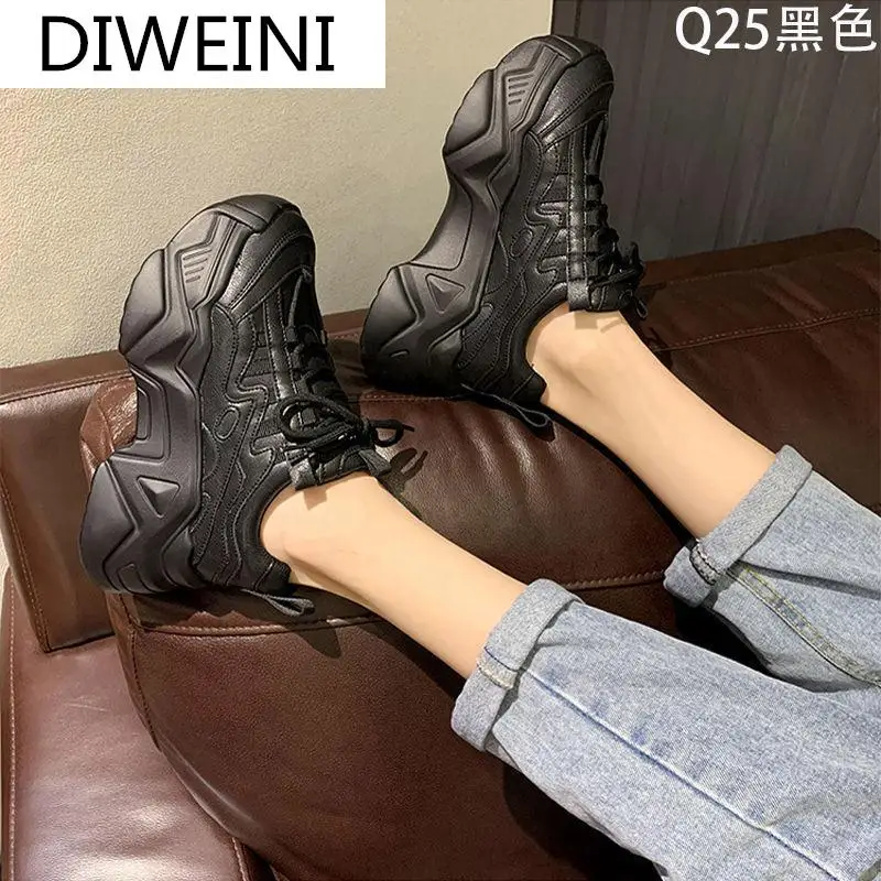 

2021 Women Chunky Sneakers Spring Round Head Leather Women Vulcanized Shoes Platform Fashion Comfortable Lace Up White Sneakers