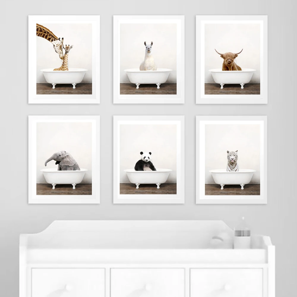 

Baby Animal in Bathtub Poster Alpaca Giraffe Panda Elephant Bear Wall Art Nordic Pictures Kid Room Decor Canvas Painting Nursery