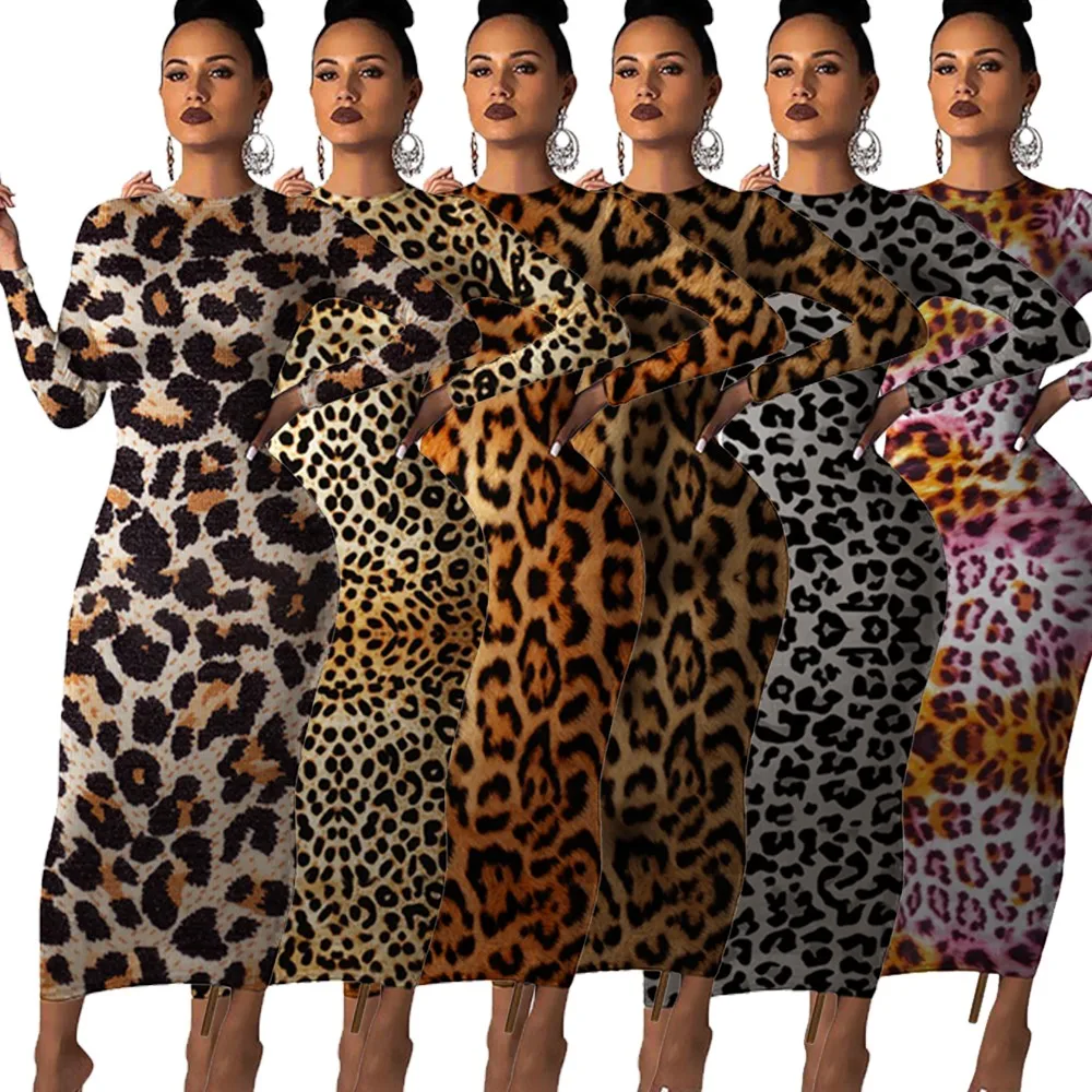 

Autumn women leopard print long sleeve o-neck bodycon midi maxi dress Female club night party long dresses vestidos vintage