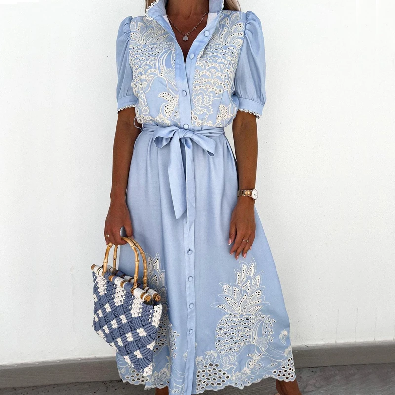 

Elegant hollow out lace embroidery long shirt dress Summer casual short sleeve button up maxi dress with sashes vestidos mujer