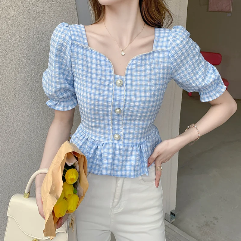 

Elegant V-neck Puff Sleeve Women Blouses Fashion Blue Plaid Ruffle Summer Short Tops Korean Office Lady Blouse