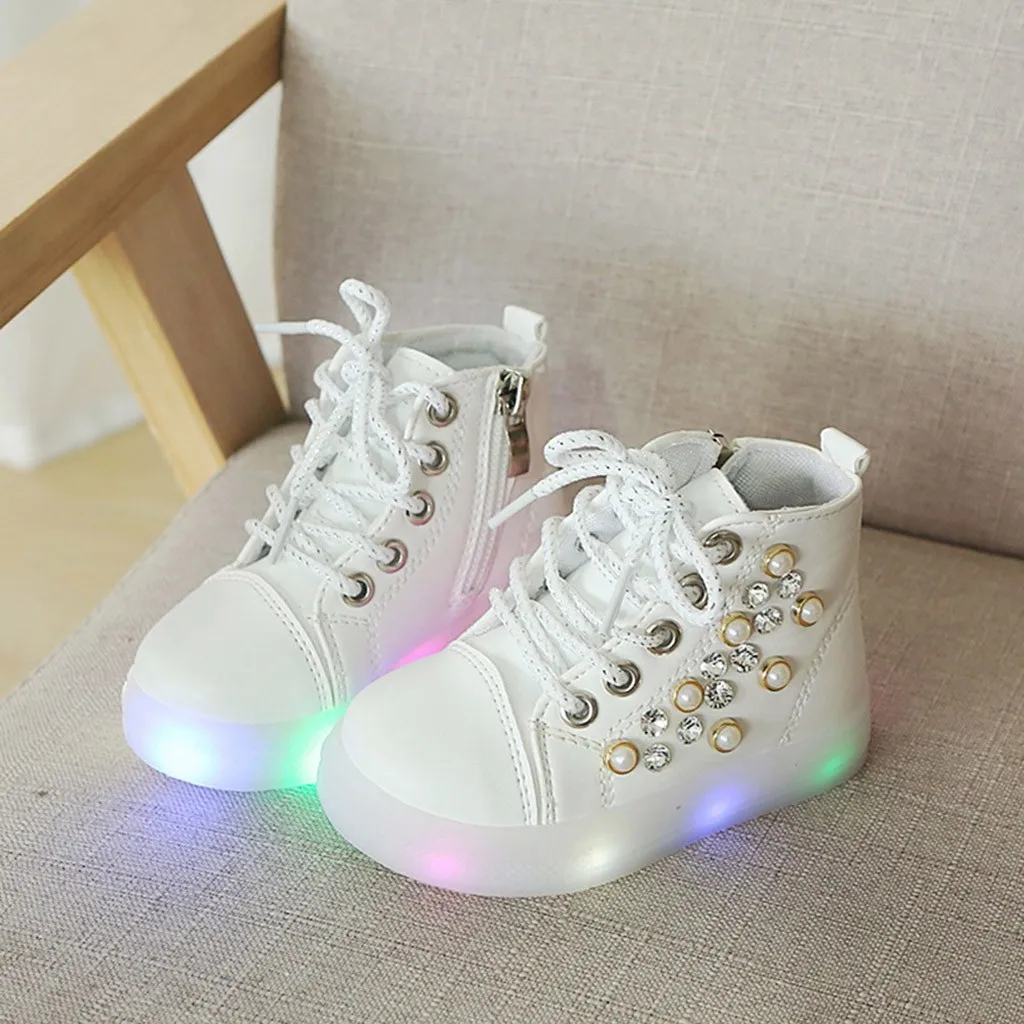 Child Casual Shoes Baby Girls Pearl Crystal Led Light Luminous Run Sport Boots Spring Autumn Winter Fashion Princess C840# | Детская