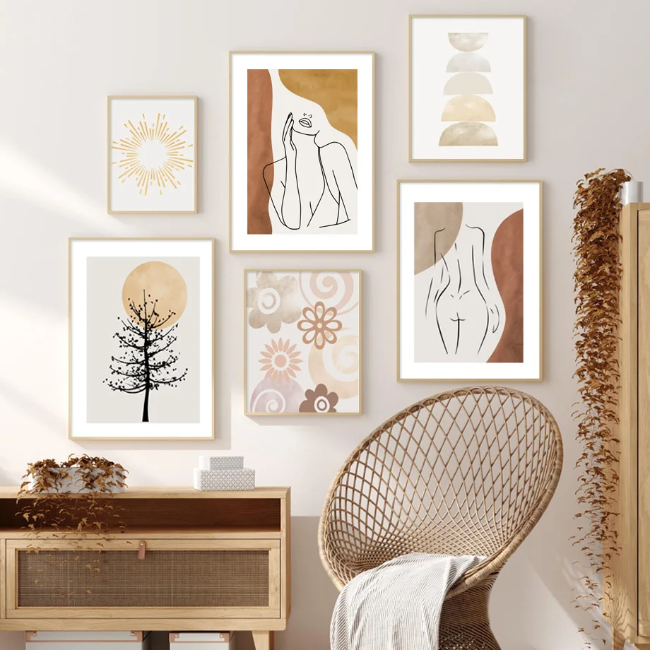 Girl Body Sun Tree Curve Abstract Retro Wall Art Canvas Painting Nordic Posters And Prints Pictures For Living Room Decor | Дом и сад