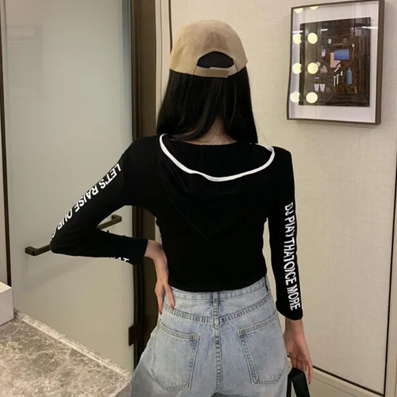 

New Fashion Women T-shirts Letters Print Long Sleeve V Neck Hooded Women Tops Tees Casual Slim Women T shirts