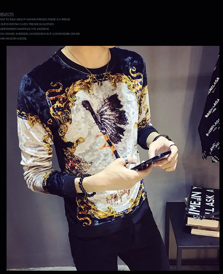 Vintage T Shirts Men Printing T Shirt Homme Club Outfit Men Long Sleeve O Neck Velvet T Shirt Autumn Luxury Men T Shirt
