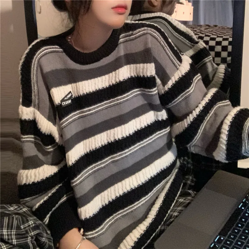 

Женский свободный плотный вязаный пуловер Kpop, модный шикарный свитер с круглым вырезом и полосками в японском стиле, женские повседневные Д...