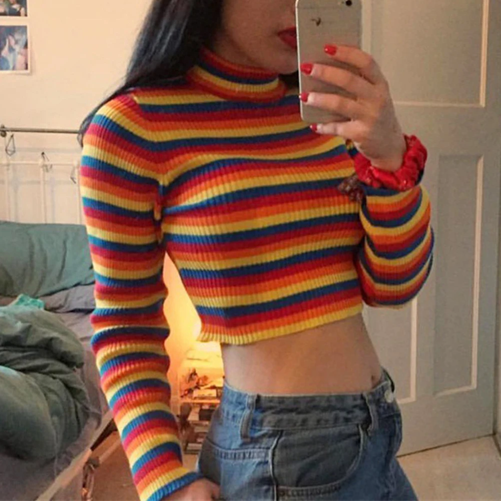 

Rainbow Stripes Women Sweater Jumper Knitwear Fashion Slim Sexy Women's Turtlenecks Sweaters and Pullovers Colorful Pull